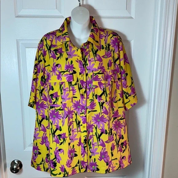 Rebdolls Yellow and Purple Floral Button Down Shirt Tropical Hawaiian Plus Sz 3X - Picture 1 of 11